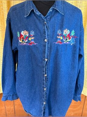 Vintage Embroidered Bears Womens Large Denim Shirt Winter Snow